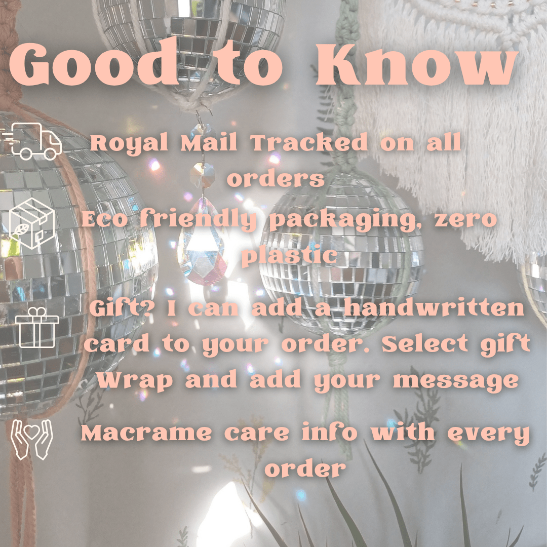 Text overlay on a background of disco balls with promotional information about Royal Mail tracking, eco-friendly packaging, and gift options.
