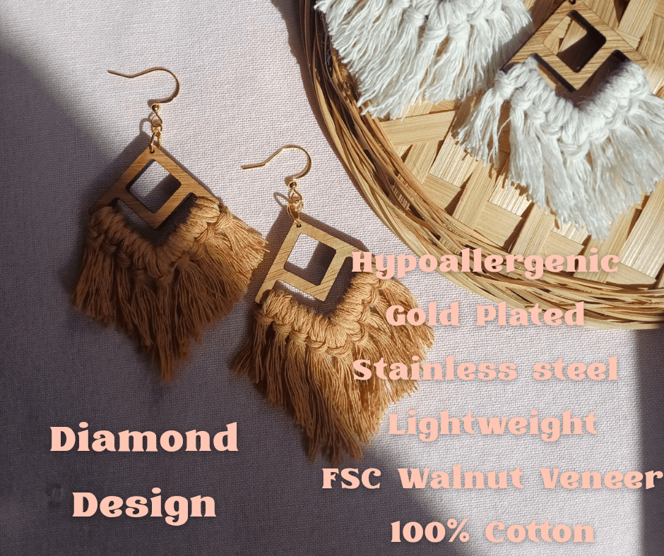 Fringe Statement Earrings - Diamond Design - Canary Macrame