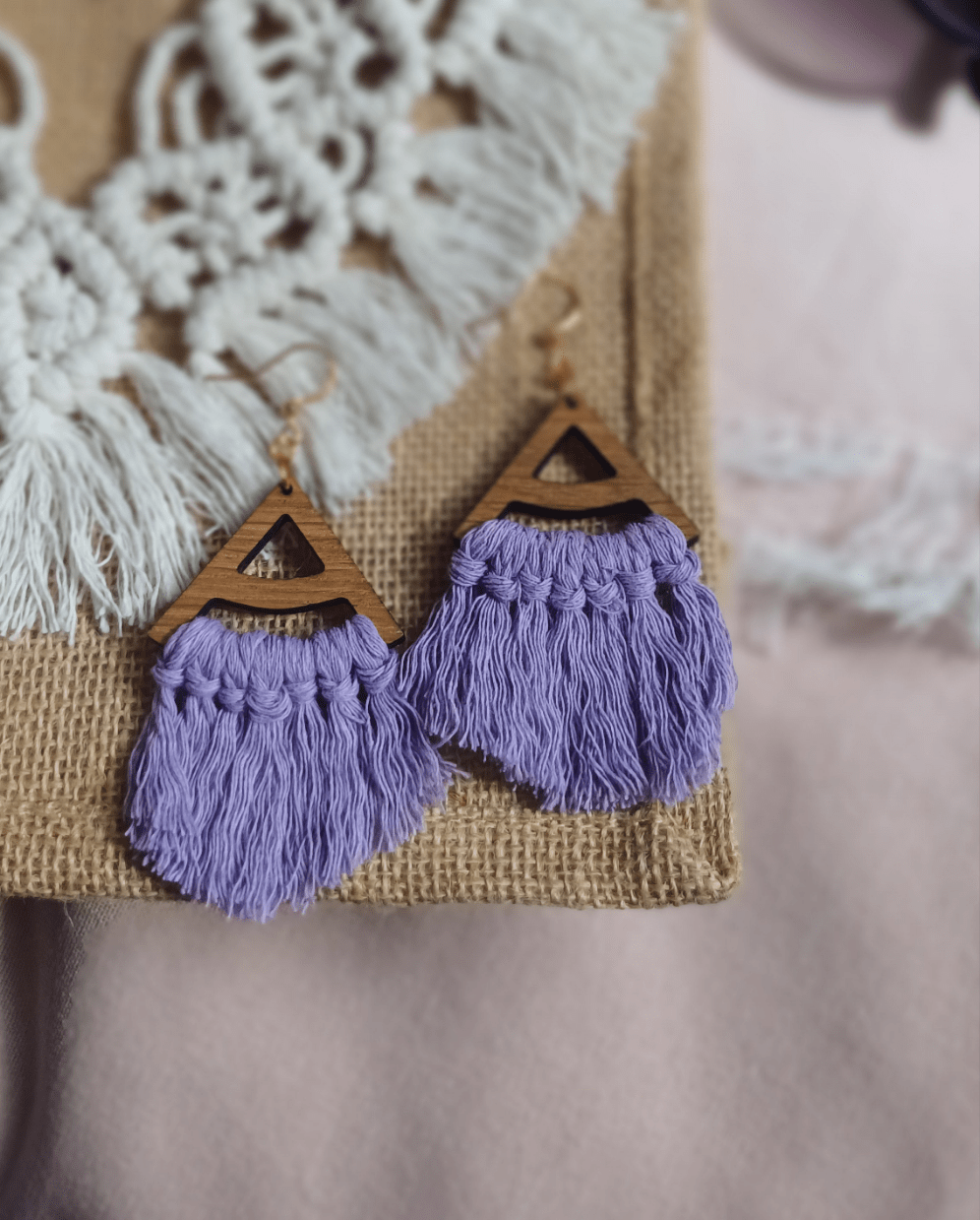Fringe Statement Earrings - Triangle Design - Canary Macrame